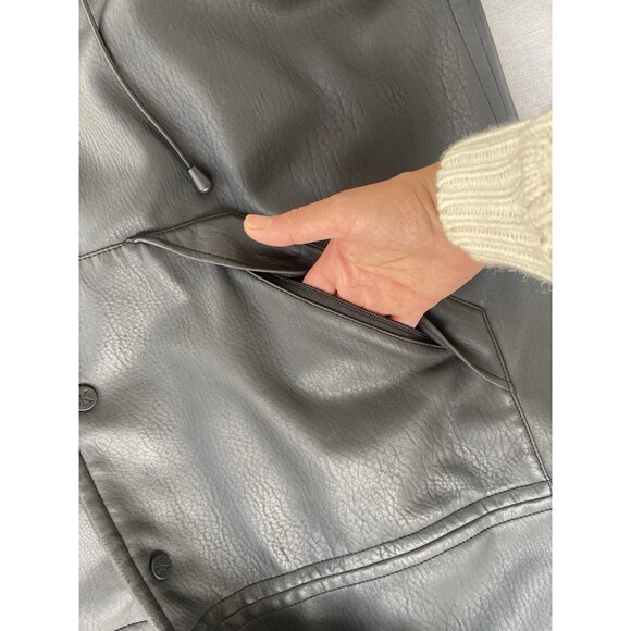 Calvin Klein Jeans Faux Leather Coat XL Black Jacket Hooded Mid Length Matrix - Picture 8 of 16